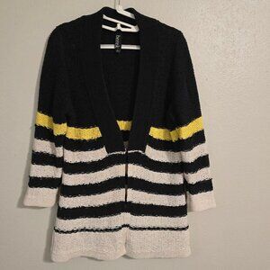 Berek Cardigan Size Large Shell Striped Sequin Black White Yellow Open Stretch